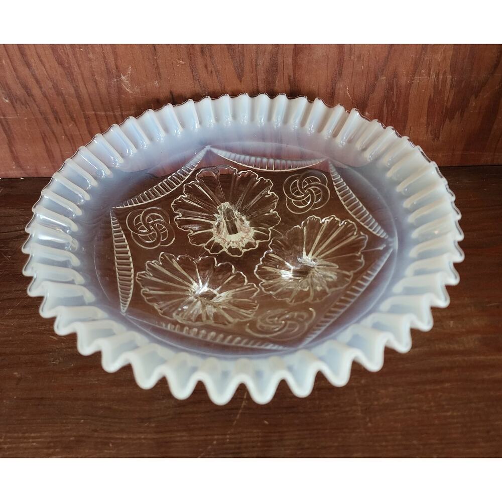 Jefferson Cut Glass, Ruffles And Rings, White Opalescent 3 Footed Bowl c. 1900
